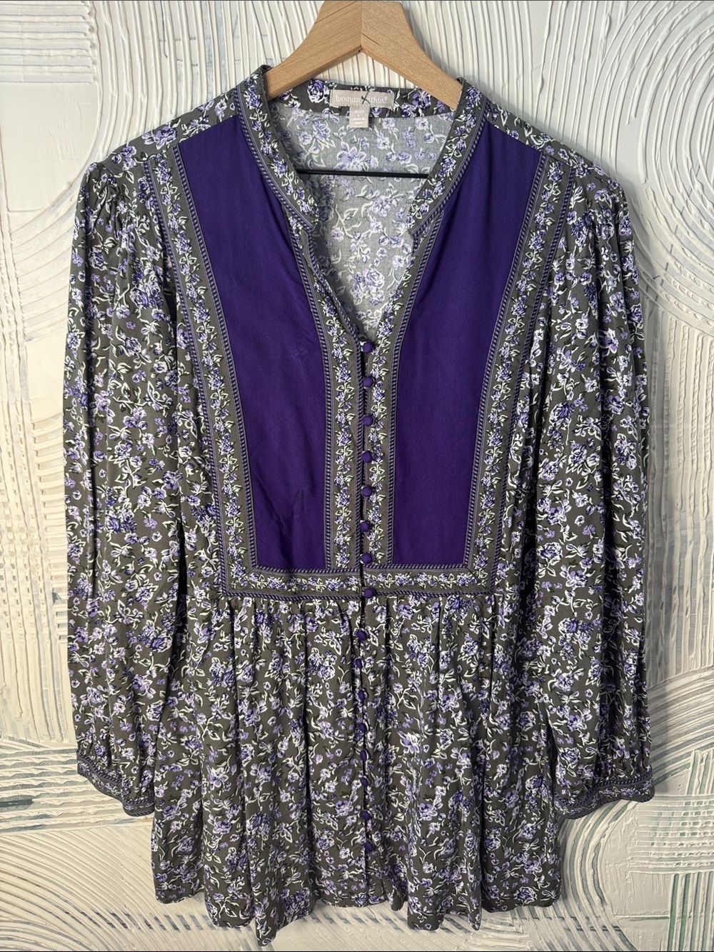 Woman Within Purple and Gray Floral Peasant Tunic N0447
